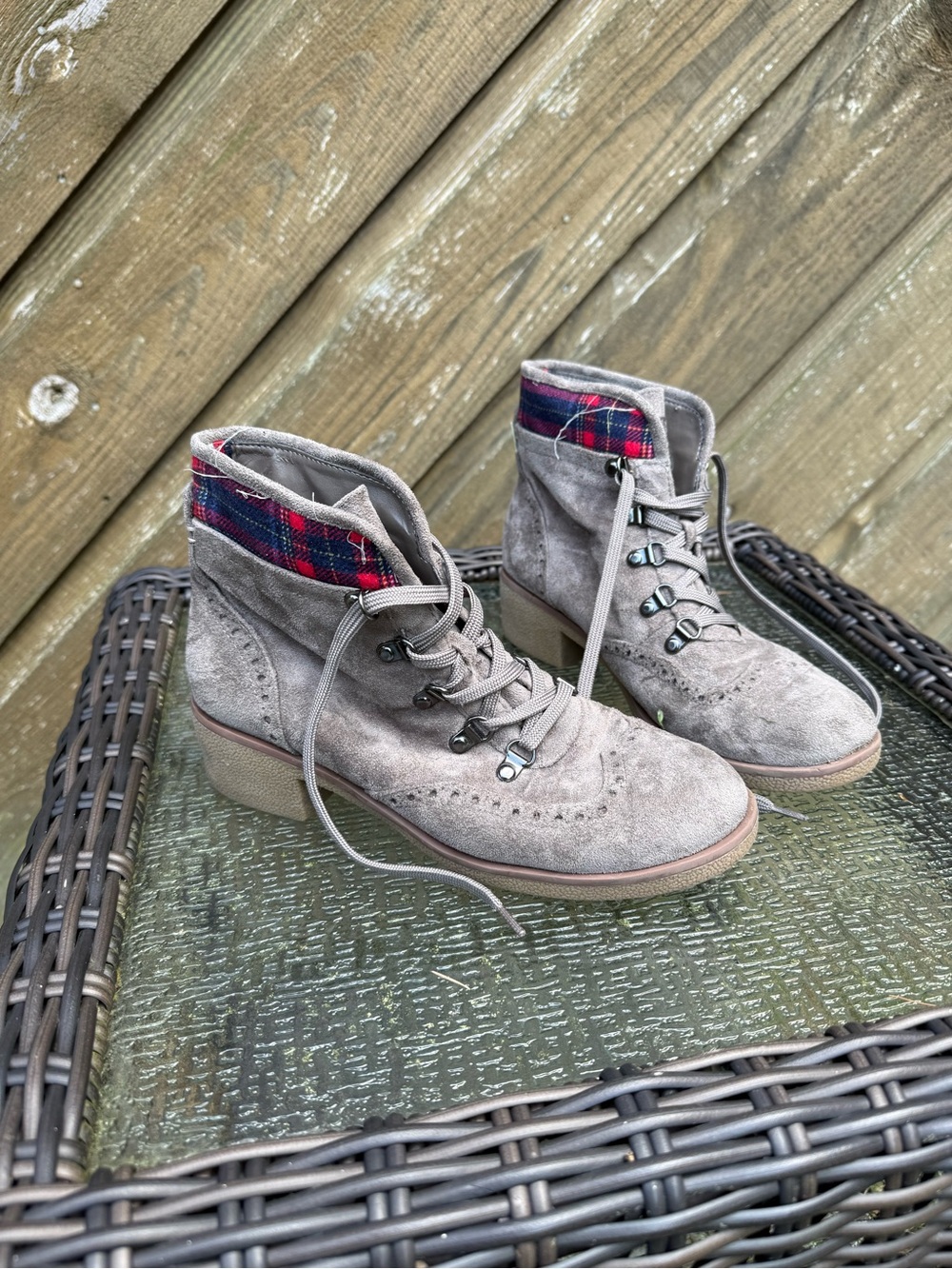 Tommy Hilfiger Gray Suede Lace-Up Ankle Boots with Plaid Collar